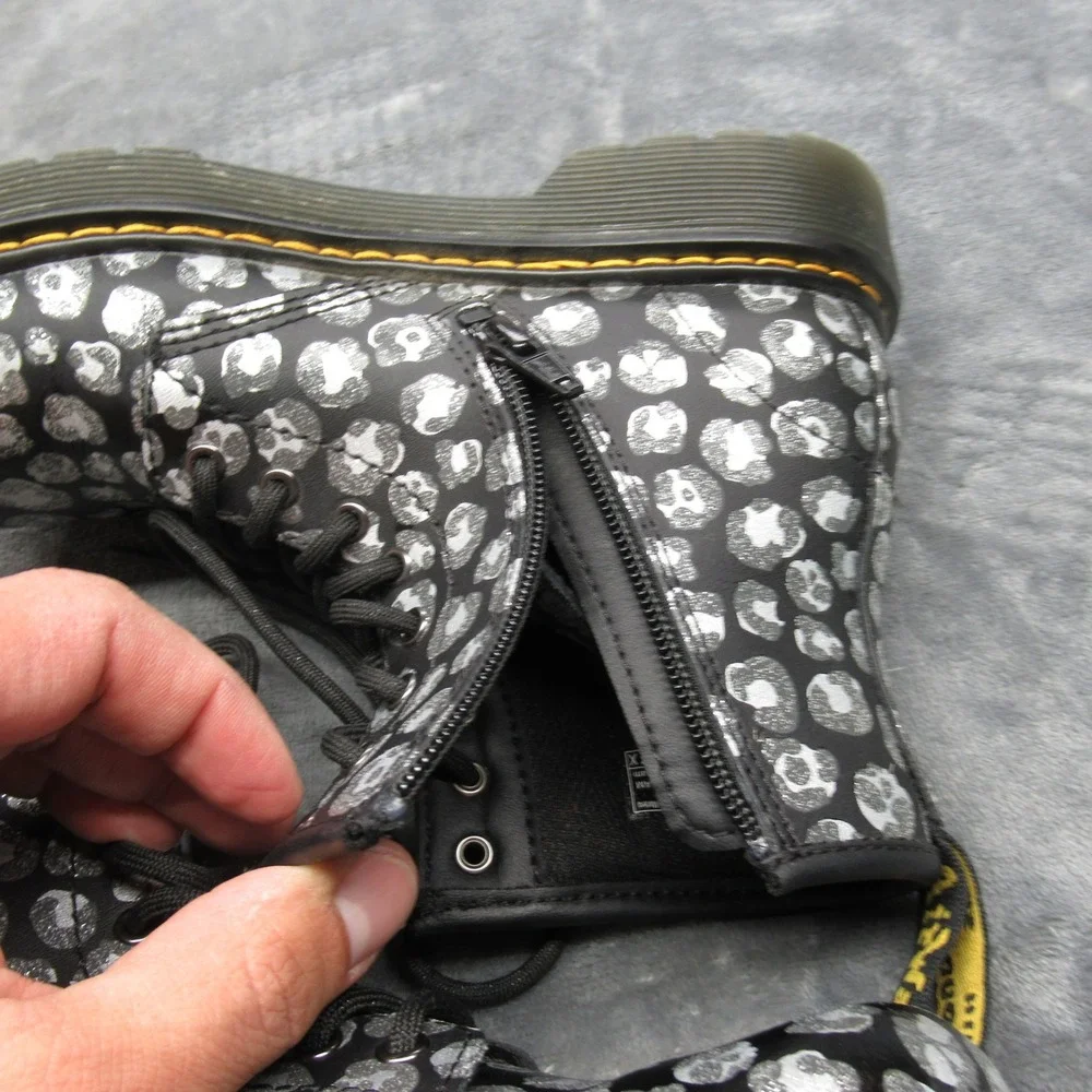 Dr. Martens Boots Youth 2 Silver Metallic Leopard Print Leather Side Zip Lace-Up